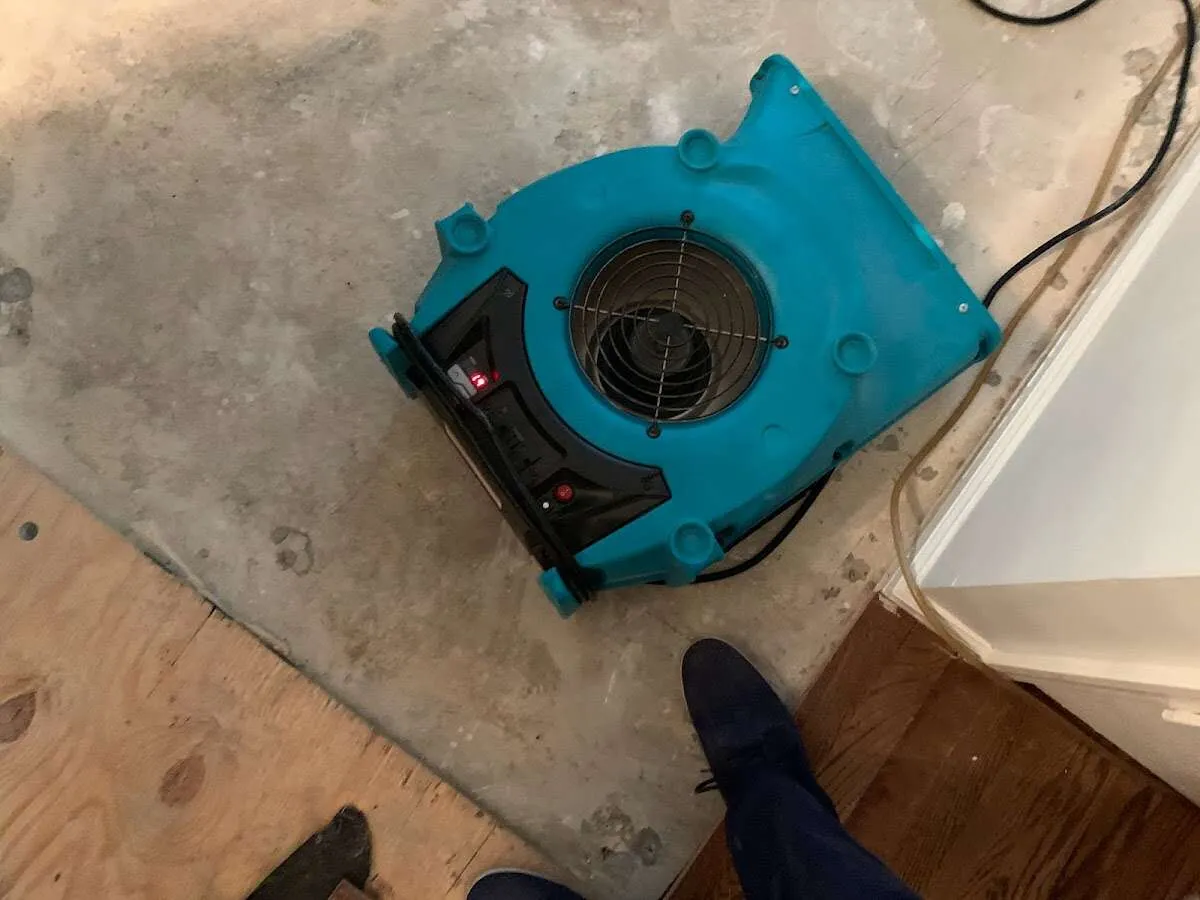 Air mover drying subfloor during Commercial Water Damage Restoration in Croton-on-Hudson
